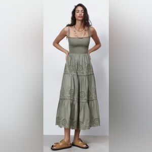 ZARA Open Work Embroidered Eyelet Sage/light olive Midi Dress – Size Small